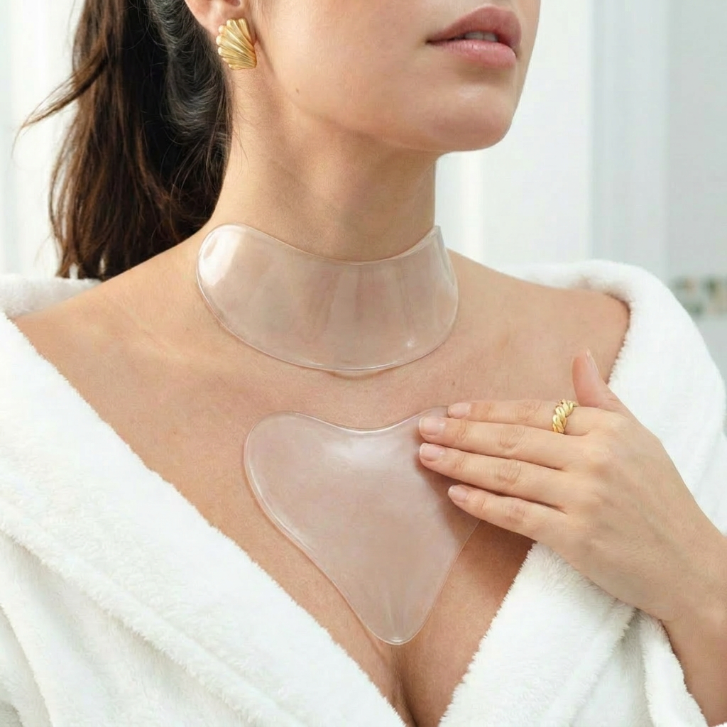 Remove the patches from the backing card. Place the neck patch across visible neck lines and position the décolleté patch smoothly across the upper chest.