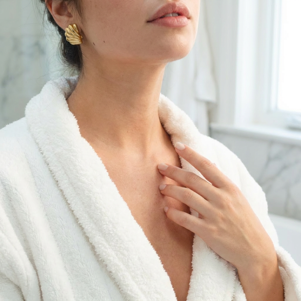 Cleanse the neck and chest, then dry the skin completely. Keep the treatment area free from creams, serums, oils, and body lotions.